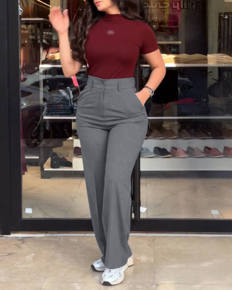 High Waist Zipper Fly Elastic Back Waist Trousers Casual Wide Leg Pants, women Pants, ChicMe catalog