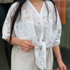 Plus Size Jacquard V-Neck Button Front Turn-Up Sleeves Pockets Design Blouse Casual Drop Shoulder Loose Top, women Blouses&Shirts, ChicMe catalog