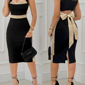 Square Neck Sleeveless Hollow-out Bowknot Mid-Calf Slit Dress, women Bodycon Dresses, ChicMe catalog