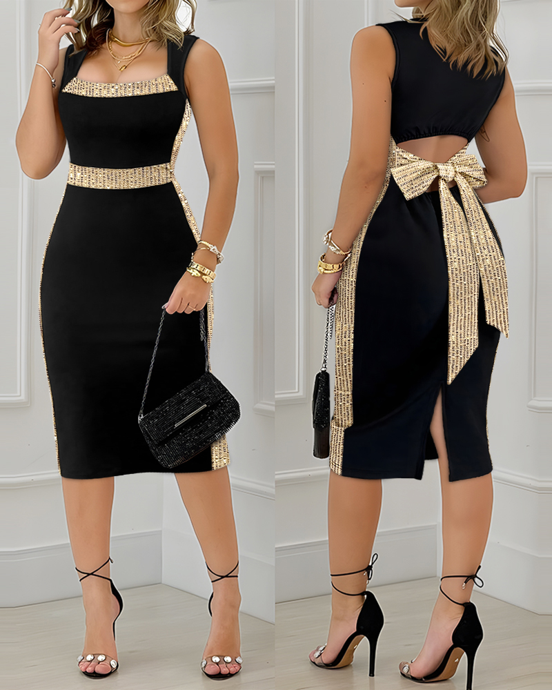 Contrast Sequin Decor Square Neck Sleeveless Bow Tie Back Slit Dress Elegant Hollow-out Back Cinched Waist Party Dress, women Bodycon Dresses, ChicMe catalog - Image 3