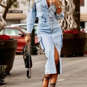 Urban Plain Distressing Shawl Collar Midi Dress, Midi Dresses, color:Blue|size:XXL, Stylewe