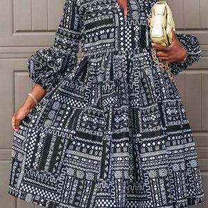 Casual Geometric Printing Midi Dress, Midi Dresses, color:Black|size:XXL, Stylewe