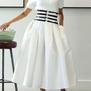 Elegant Plain Crew Neck Maxi Dress With Belt, Maxi Dresses, color:White|size:XXL, Stylewe