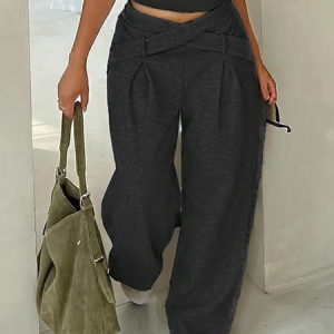 Casual Plain Pockets Cross Fashion Pants, Pants, color:Black|size:XXL, Stylewe