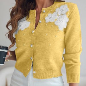 Floral Applique & Pearls Decor Round Neck Single Breasted Knit Cardigan Casual Sweater Coat, women Sweaters & Cardigans, ChicMe catalog