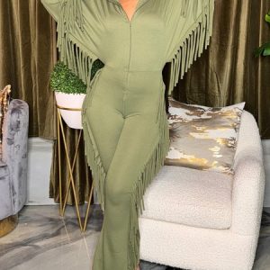 Urban Tassel Plain Hoodie Jumpsuit, Jumpsuits, color:Green|size:XXL, Stylewe
