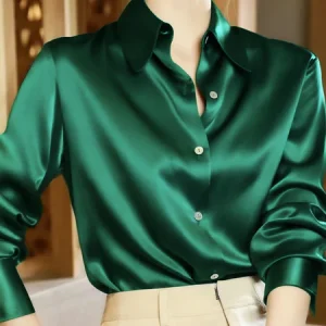 Satin Urban Plain Buttoned Shirt Collar Shirt, Blouses and Shirts, color:Green|size:XXL, Stylewe