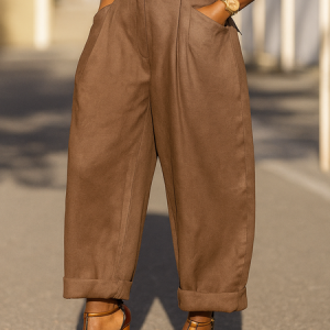 Casual Plain Pockets Turnip Pants No Belt, Pants, color:Brown|size:XXL, Stylewe