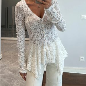 Lace Trim V Neck Button Front Blouse Elegant Asymmetrical Ruffle Hem Top, women Blouses & Shirts, ChicMe catalog