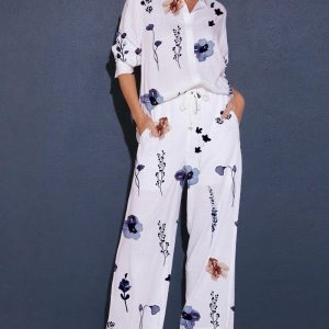 2 Pieces Outfit Floral Print Long Sleeve Linen Blouse and Casual Waist Lace Up Wide Leg Pants Set with Pockets, women Two-piece Sets, ChicMe catalog