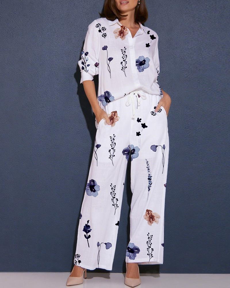 2 Pieces Outfit Floral Print Long Sleeve Linen Blouse and Casual Waist Lace Up Wide Leg Pants Set with Pockets, women Two-piece Sets, ChicMe catalog