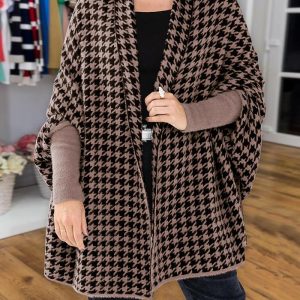 Houndstooth Print Batwing Sleeve Cape Shawl Casual Sweater Coat, women Sweaters & Cardigans, ChicMe catalog