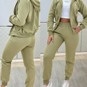 2 Pieces Outfit Hooded Zipper Front Coat and Casual Drawstring Strechy Waist Cuffed Pants Set, women Two-piece Sets, ChicMe catalog
