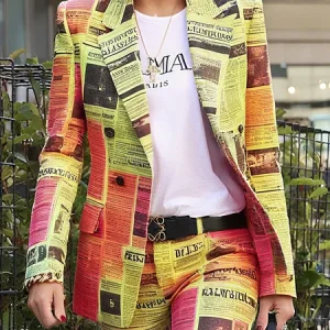 Urban  Printing Newspaper Lapel Collar Blazer, Blazers, color:As Picture|size:XXL, Stylewe