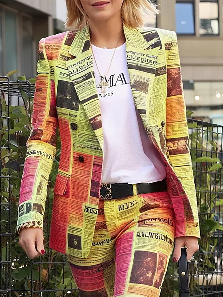 Urban Printing Newspaper Lapel Collar Blazer, Blazers, color:As Picture|size:XXL, Stylewe