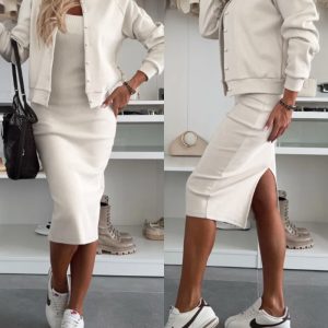 2 Pieces Outfit U-Neck Slit Back Slim Fit Knit Tank Dress and Pearl Button Front Baseball Coat Casual Ribbed Set, women Two-piece Sets, ChicMe catalog