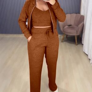 Turn-down Collar Zipper Cardigan Spaghetti Strap Tank and Casual Pants Set, women Two-piece Sets, ChicMe catalog