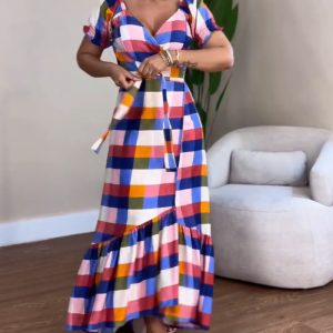 Colorful Plaid Print Overlap V-Neck Shirred Cuffs Wrap Lace-Up Vacation Dress Casual Bow Tie Waist Ruffle Hem Maxi Dress, women Casual Dresses, ChicMe catalog