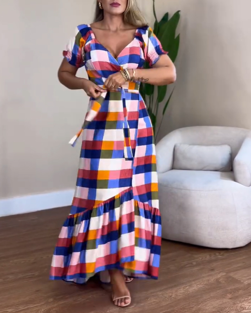 Colorful Plaid Print Overlap V-Neck Puff Sleeve Wrap Lace-Up Vacation Dress Casual Bow Tie Waist Ruffle Hem Maxi Dress, women Casual Dresses, ChicMe catalog