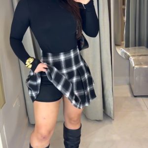 High Neck Long Sleeve Backless Romper and Casual Plaid Print Pleated Skirt Sets, women Two-piece Sets, ChicMe catalog