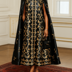 Elegant Ethnic Printing Mock Neck Maxi Dress, Maxi Dresses, color:Black|size:XXL, Stylewe