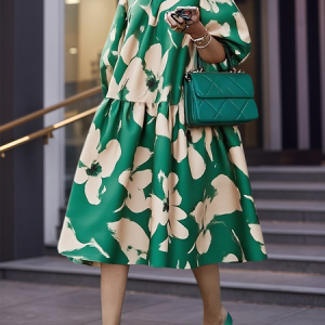Elegant Floral Printing Midi Dress, Midi Dresses, color:Green|size:XXL, Stylewe