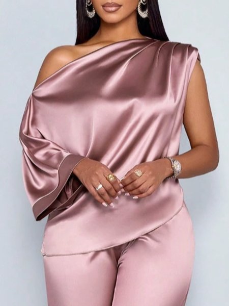 Elegant Plain Ruched Asymmetrical Blouse, Blouses and Shirts, color:Pink|size:XXL, Stylewe