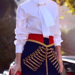Cotton Urban Plain Tie Stand Collar Shirt With Pin Brooch, Blouses and Shirts, color:White|size:XXL, Stylewe