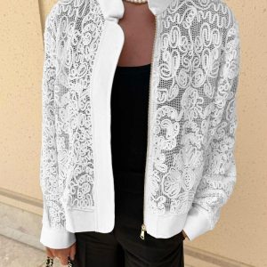 Stand Collar Zipper Up Pattern Textured Lightweight Breathable Baseball Coat Casual Sheer Coat, women Jackets & Coats, ChicMe catalog
