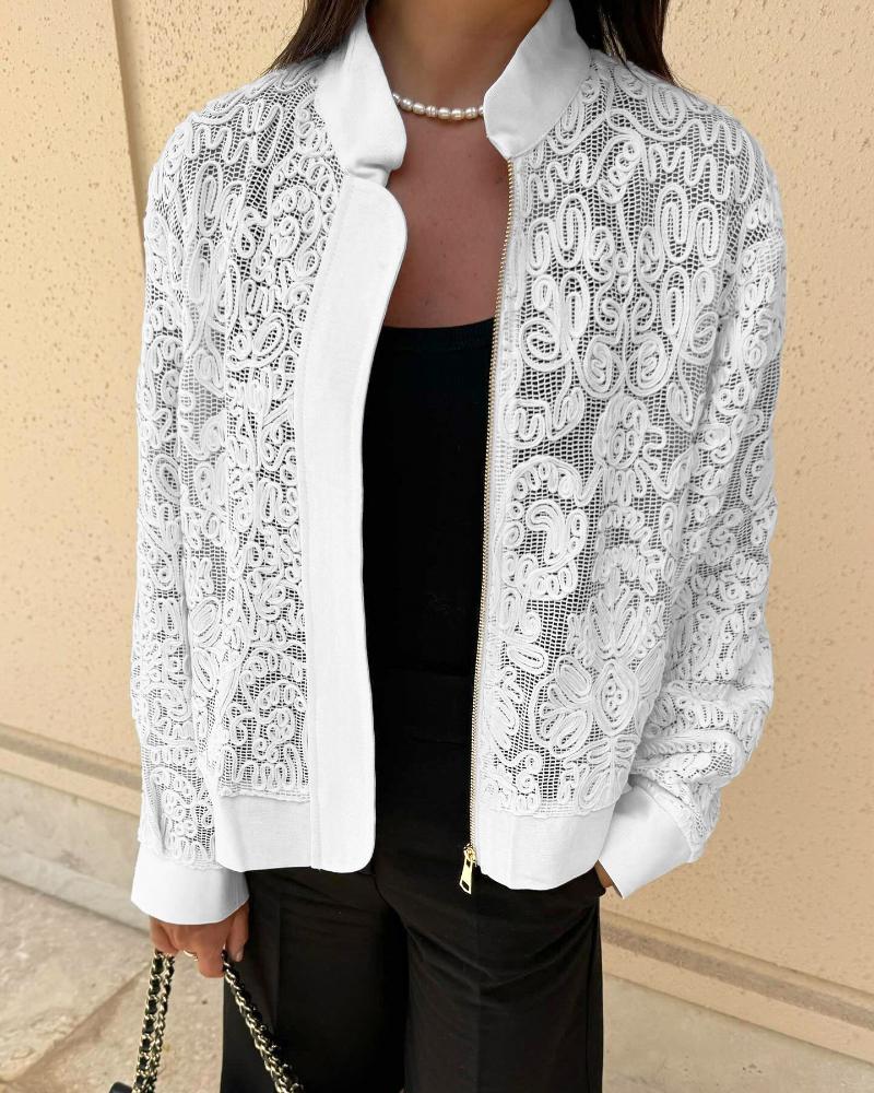 Stand Collar Zipper Up Pattern Textured Lightweight Breathable Baseball Coat Casual Sheer Coat, women Jackets & Coats, ChicMe catalog