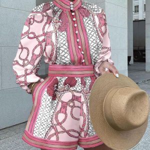 Chain Print Stand Collar Lantern Sleeve Button Front Top and Casual Elastic Waist Shorts Set, women Two-piece Sets, ChicMe catalog