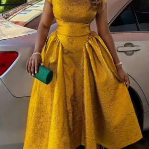 Urban Plain Crew Neck Midi Dress, Midi Dresses, color:Yellow|size:XXL, Stylewe
