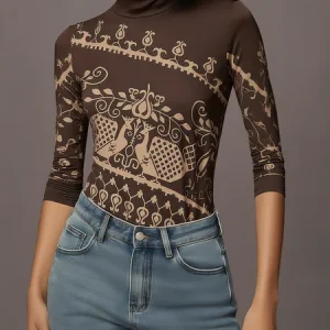 Casual Ethnic Printing Stand Collar T-shirt, Tees, color:Brown|size:XXL, Stylewe