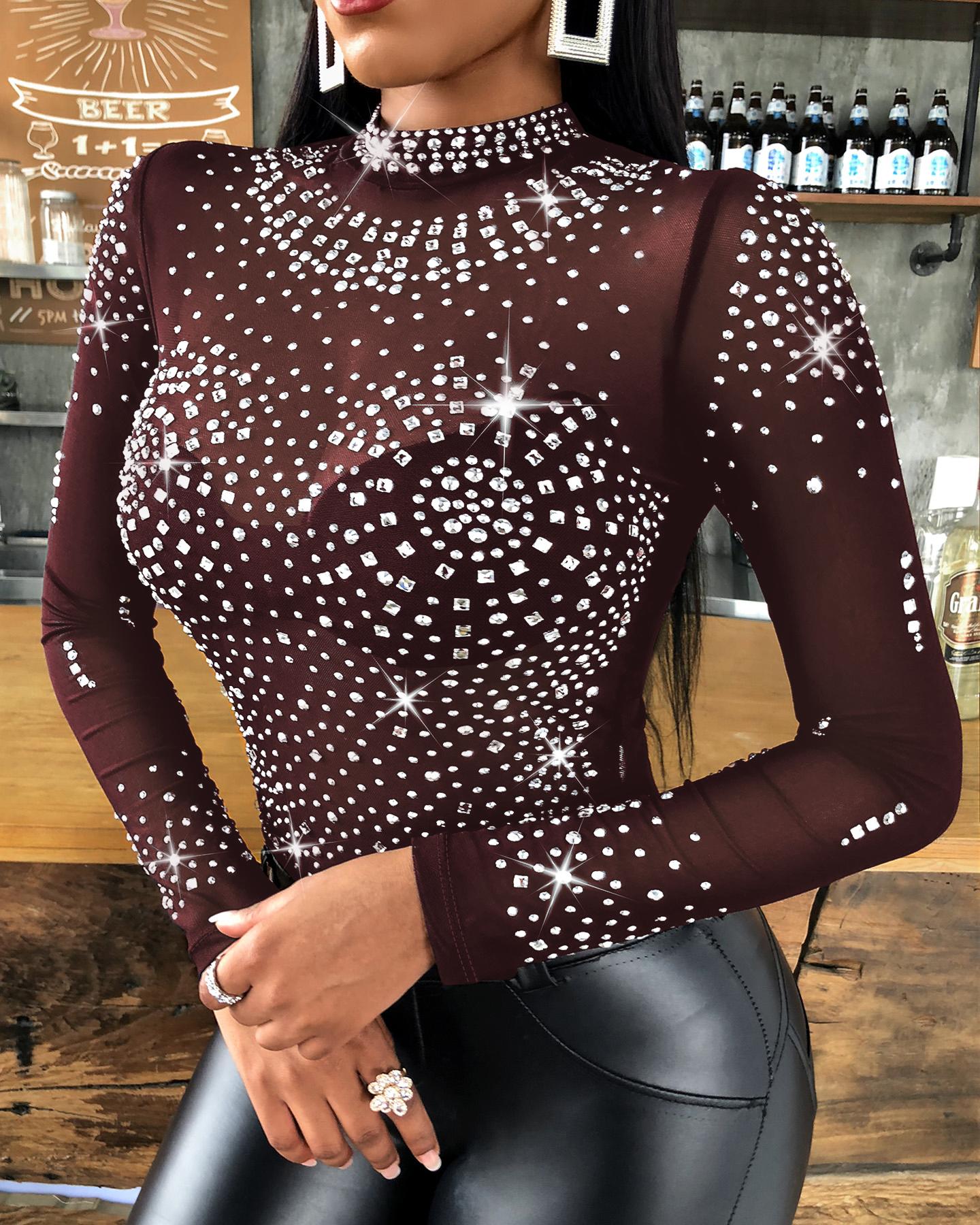 Rhinestone Studded Long Sleeve Bodysuit, women Bodysuit, ChicMe catalog