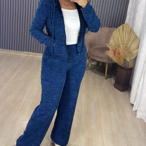 2 Pieces Outfit Long Sleeve Zip Up Drawstring Hoodie Coat and Casual Elastic Waist Seam Front Straight Leg Pants Set, women Two-piece Sets, ChicMe catalog