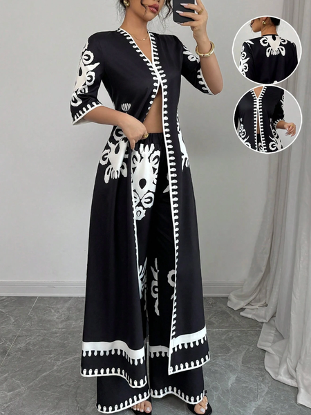 Elegant Printing Floral V Neck Kimono, Kimonos, color:Black|size:XXL, Stylewe