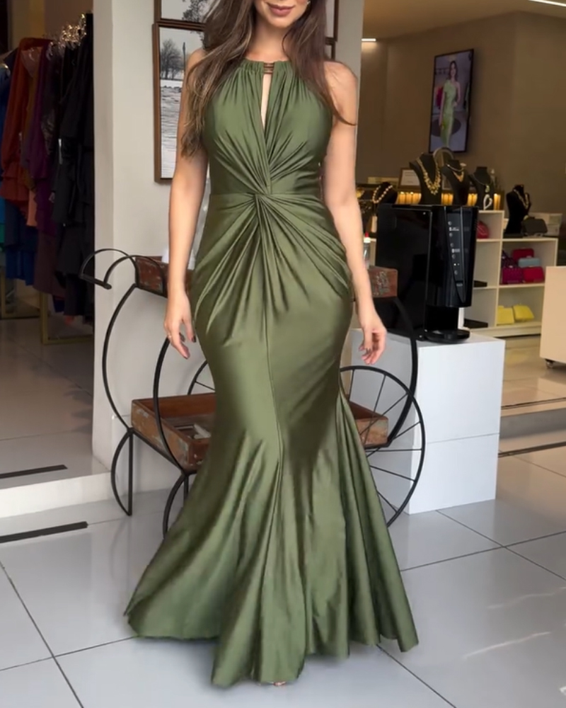 Satin Sleeveless Hollow-out Twist Front Evening Dress Tied Detail Backless Zipper Back Mermaid Hem Dress, women Evening Dresses, ChicMe catalog