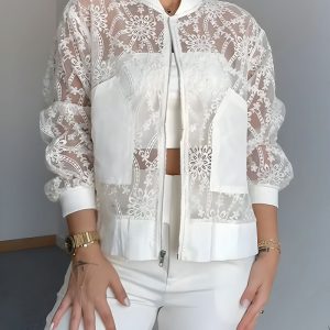 Floral Lace Embroidered Mesh Spliced High-Low Hem Jacket Casual Pockets Design Side Slit Zip Up Baseball Coat, women Jackets & Coats, ChicMe catalog