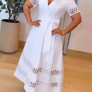 Overlap Deep V-Neck Hollow-out Spliced High Waist Maxi Dress Casual Zipper Back Tie Waist Vacation Dress, women Maxi Dresses, ChicMe catalog