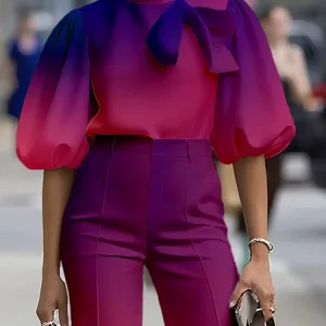 Elegant Gradient Pattern Printing Stand Collar Puff Sleeve Blouse, Blouses and Shirts, color:Fuchsia|size:XXL, Stylewe