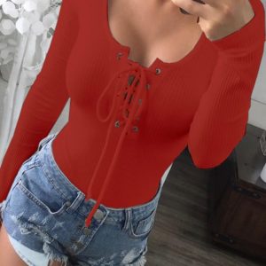 Lace-up Deep U-Neck Bodysuit Long Sleeve Slim Fit Going Out Tops, women Bodysuit, ChicMe catalog