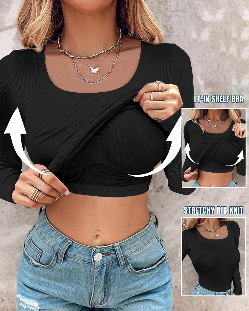 U Neck Long Sleeve Built In Bra Shirt Casual Seamless Slim Fit Top, women T-shirt & Tees, ChicMe catalog