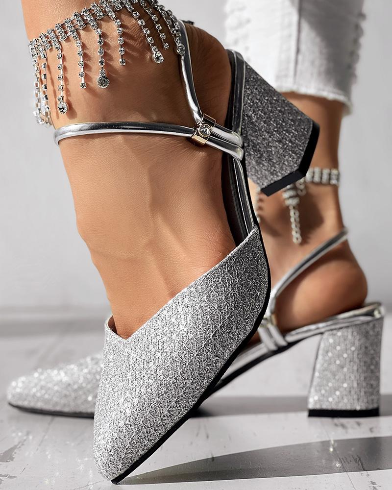 Glitter Slingback Chunky Heels Wedding Guest Shoes, women Wedding Shoes, ChicMe catalog