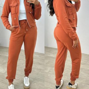 Stand Collar Long Sleeve Pocket Dec Zipper Top and Casual Elastic Waist Drawstring Pants Sets, women Two-piece Sets, ChicMe catalog