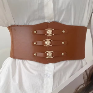 PU Button Waist Band With Belt, Belts, color:Brown, Stylewe