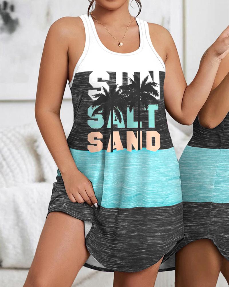 Plus Size Sun Salt Sand Coconut Tree Print Colorblock Sleep Dress, women Loungewear, ChicMe catalog