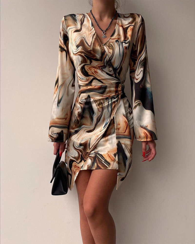 Marble Print Overlap V-Neck Wrap Front Ruched Vacation Dress Casual Cinched Waist Zipper Back Mini Dress, women Print Dresses, ChicMe catalog