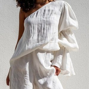 Linen Blend Vacation Plain Irregular Craftsmanship One Shoulder Blouse, Blouses and Shirts, color:White|size:XXL, Stylewe