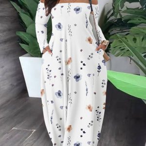 Plus Size Floral Print Off Shoulder Long Sleeve Cinched Waist Vacation Dress Casual Loose Maxi Dress With Pockets, women Maxi Dresses, ChicMe catalog