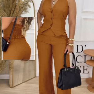 2 Pieces Outfit V-Neck Sleeveless Single Breasted Shirred Back Backless Crop Vest and Casual Elastic Back Waist Wide Led Pants Set, women Two-piece Sets, ChicMe catalog